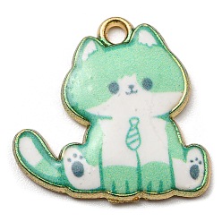 Light Green Printed Alloy Pendants, Golden, Cadmium Free & Nickel Free & Lead Free, Cat Shape Charms, Light Green, 20x20x2mm, Hole: 1.6mm