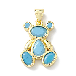 Светло-Голубой Стойка металлическая латунная микропрофилированная кубическая циркония подвески, без свинца и без кадмия, медведь очарование, реальный 18 k позолоченный, Небесно-голубой, 20x14.5x3 мм, отверстие : 4x3 мм