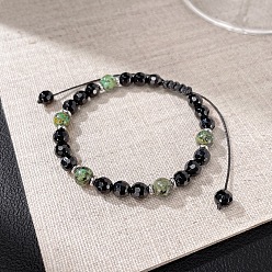 African Turquoise(Jasper) Adjustable Natural African Turquoise(Jasper) and Faceted Black Onyx(Dyed & Heated) Round Braided Bead Bracelets, Stainless Steel Color, 10.63 inch(27cm)
