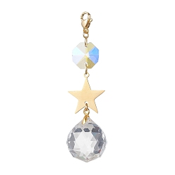 Звезда Украшение из латунного кулона, стеклянная подвеска-капля/восьмиугольник и застежка-когти омара, золотые, звезда, 78 мм