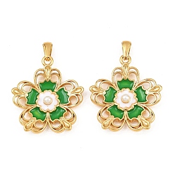 Зеленый 304 нержавеющей стальной эмали подвески, с абс пластмассовыми жемчужными бисером, цветок, золотые, зелёные, 33x29.5x6.5 мм, отверстие : 6x3 мм