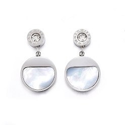 Нержавеющая Сталь Цвет 304 из нержавеющей стали болтаться серьги, горный хрусталь и оболочки, плоско-круглые, цвет нержавеющей стали, 28.5x16x3.5 мм, штифты : 0.8 мм