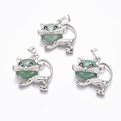 Зеленый Авантюрин Кулоны с котенком из авантюрина из натурального зеленого авантюрина, с латунной фурнитурой платинового цвета, мультфильм кошка, 28x30x9 мм, отверстие : 5x7 мм