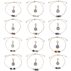 Смешанные камни 12 шт. двенадцать созвездий, регулируемые наборы круглых плетеных браслетов из бисера со смешанными драгоценными камнями, с плоской круглой подвеской из сплава «Двенадцать созвездий», внутренний диаметр: 1-3/4~2-3/4 дюйм (4.5~7 см)