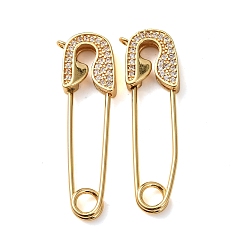 Настоящее золото 18K Латунные микропаве прозрачные подвески с фианитом, подвески-скрепки, реальный 18 k позолоченный, 34x10x3.5 мм, отверстие : 1.2 мм