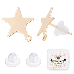 Настоящее золото 18K 30 шт. латунные серьги-гвоздики, с горизонтальными петлями, звезда, без никеля , с 50экологичными пластиковыми ушными гайками, реальный 18 k позолоченный, 14x13 мм, отверстие : 1 мм, штифты : 0.6 мм