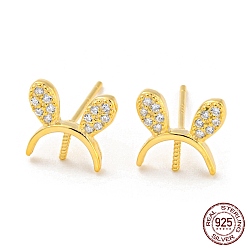 Real 18K Gold Plated Rabbit Ear 925 Sterling Silver Micro Pave Clear Cubic Zirconia Stud Earring Findings, for Half Drilled Beads, with S925 Stamp, Real 18K Gold Plated, 8.5x9.5mm, Pin: 10.5x0.7mm and 0.7mm