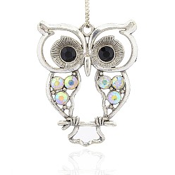 Cristal AB  Pendentifs grands d'hibou antique en alliage d'argent avec strass , cristal ab, 55x45x3mm, Trou: 3.5mm