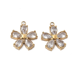 Настоящее золото 18K 304 подвески из микро-паве из нержавеющей стали с фианитами, цветок, ионное покрытие (ip), реальный 18 k позолоченный, 15.5x13.5x3.5 мм, отверстие : 1.5 мм