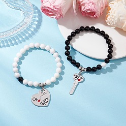 Смешанные камни 2шт., день святого валентина, натуральный нефрит машан и черный оникс, круглые бусины, растягивающиеся браслеты для пары, Сплав с подвесками, сердце и ключ со словом я люблю тебя, внутренний диаметр: 2-1/4 дюйм (5.85 см)