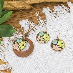 Античное Золото Комплекты из ожерелий и висячих серег из богемского сплава с эмалью и деревом, плоские круглые с цветочным узором, античное золото , 475 мм