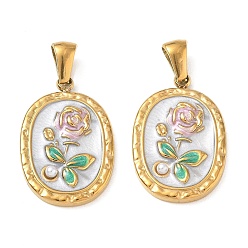 Oro 304 colgantes de esmalte de acero inoxidable, pepitas con amuletos florales, con perlas de imitación abs, revestimiento de iones (ip), larga duración plateado, dorado, dorado, 23x15x3.5 mm, agujero: 2.5x6 mm