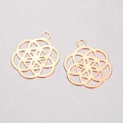 Розовое Золото Латунные филигранные подвески, цветок, розовое золото , 24x20x0.5 мм, отверстие : 3 мм