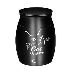 Black Aluminium Alloy Cremation Urn, For Commemorate Pet Cat Cremains Container, Column with Cat & Word Cat Mom Pattern, Black, 30x40mm