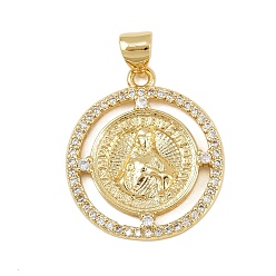 Настоящее золото 18K Латунные микро проложить кубического циркония подвески, без кадмия и без свинца, религия, плоско-круглые, реальный 18 k позолоченный, 23x20x2.5 мм, отверстие : 4.5x3.5 мм