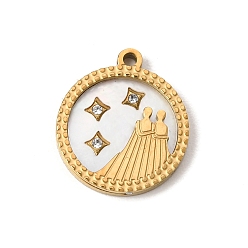 Gemini 12 Constellations 304 Stainless Steel & Natural Shell & Rhinestone Pendants, Ion Plating(IP), Long-Lasting Plated, Gemini Charm, 17x15x2mm, Hole: 1.5mm