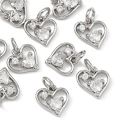 Plaqué Platine Véritable Breloques en laiton et zircon cubique transparent pour la Saint-Valentin de Shegrace, charmes de coeur, sans cadmium et sans plomb et sans nickel, Platine plaqué, 8x8x2.5mm, Trou: 2.5mm
