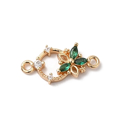 Зеленый Латунные паве прозрачный кубический цирконий цветок кольцо звенья соединитель подвески, со стеклом, без никеля , золотые, зелёные, 16x8x3 мм, отверстие : 1.2 мм