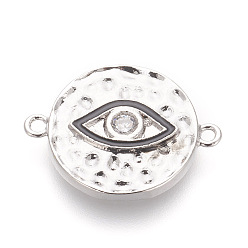 Platinum Brass Micro Pave Cubic Zirconia Links, Clear, with Enamel, Lead Free & Cadmium Free, Flat Round with Eye, Platinum, 14.5x19x2mm, Hole: 1.2mm