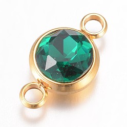 Изумруд К 9 соединители стеклянные звенья, граненые, с 304 фурнитурой из нержавеющей стали, ионное покрытие (ip), плоско-круглые, золотые, изумруд, 17.5x10x6.5 мм, отверстие : 2.5 мм