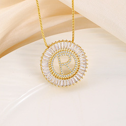 Letter R Кольцо из латуни с прозрачными кубическими цирконами и подвеской в виде буквы, цепочка-коробка, золотые, Буква R, 17.72 дюйм (45 см)