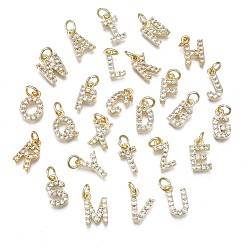 Letter A~Z Brass Micro Pave Clear Cubic Zirconia Charms, with Jump Rings, Real 18K Gold Plated, Cadmium Free & Nickel Free & Lead Free, Alphabet, Letter A~Z, 11~12x5.5~9x2.5mm, Hole: 3mm