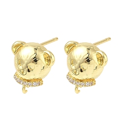 Настоящее золото 18K Фурнитура для сережек-гвоздиков с микропаве из прозрачных кубических цирконий из латуни, стойки покрытие, долговечный, без кадмия и без свинца, реальный 18 k позолоченный, 12x11.5 мм, отверстие : 1 мм, штифты : 11x1 мм