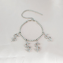 Платина Знак доллара сплав кристалл горный хрусталь подвески браслеты на ногу для женщин, платина, 12-3/4 дюйм (325 мм)