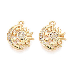 Настоящее золото 18K Подвески из латуни с прозрачным фианитом, луна и солнце, без никеля , реальный 18 k позолоченный, 15.5~16x13x3 мм, отверстие : 1.2 мм