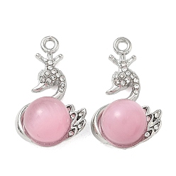 Pink Подвески из сплава и страза, лебедь прелести, со стеклом, долговечный, стойки покрытие, платина, розовые, 27x16x10.5 мм, отверстие : 1.8 мм
