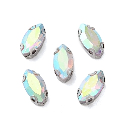 Прозрачный АВ Конский глаз пришить стразами, многожильных ссылки, стекло горный хрусталь, с настройками зубцов из нержавеющей стали, аксессуары для одежды, граненые, ясно AB, 10x5x3.8~4 мм, отверстие : 0.9 мм