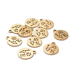 Golden 201 Stainless Steel Pendants, Laser Cut, Manual Polishing, Flat Round with Word Love, Golden, 14x12x1mm, Hole: 1.5mm
