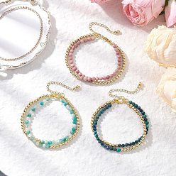 Смешанные камни 3шт. натуральные родонит, хризоколла, лазурит и окрашенный гемиморфит круглые бусины двухслойные браслеты для женщин, с латунным шарики прокладки, 7-1/8~7-1/4 дюйм (18~18.5 см)