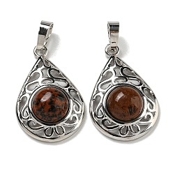 Красный Обсидиан Натурального красного дерева обсидиана подвески, покрытие стойки латунные полые слезы подвески, без кадмия и без свинца, платина, 29.5x19.5x7.5 мм, отверстие : 7.5x5 мм
