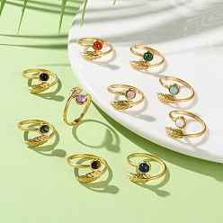 Смешанные камни Натуральные и синтетические драгоценные камни, Настоящие 18золотые 304кольца-манжеты из нержавеющей стали с ионным покрытием (IP) для женщин, перо, размер США 6 1/2 (16.9 мм)