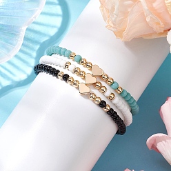 Сердце 3шт 3 цвета стеклянные бисерные браслеты наборы для женщин, с латунной бисера, сердце, внутренний диаметр: 2-1/4 дюйм (5.8 см), Сердце: 6x7x3 mm, 1 шт / цвет