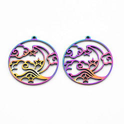Rainbow Color 201 Stainless Steel Pendants, Ring with Star & Moon, Rainbow Color, 30x28x1.5mm, Hole: 1.5mm
