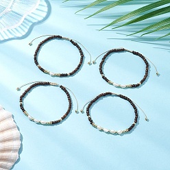 Кокос 4шт. Браслеты из натурального кокоса и натурального культивированного пресноводного жемчуга для женщин, с регулируемой нейлоновой нитью, синтетическими гематитовыми бусинами и латунными разделительными бусинами, внутренний диаметр: 2-1/8~3-1/8 дюйм (5.3~8 см)