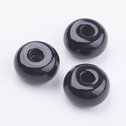 (946F)Морозный цвет внутри  Жонкиль / Непрозрачная зеленая подкладка Натуральный черный агат европейский бисер, бусины с большим отверстием, рондель, 14x8 мм, отверстие : 4 мм