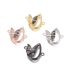 Mixed Color Brass Micro Pave Clear Cubic Zirconia Links connectors, with Abalone Shell/Paua Shell, Teardrop with Butterfly, Mixed Color, 16x17x3.5mm, Hole: 1.5mm