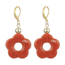 FireBrick Acrylic Flower Dangle Leverback Earrings, Golden Brass Earrings, FireBrick, 53x27mm