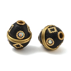 Черный Индонезийские бусины ручной работы, с латунными и смоляными стразами, двухконусные, чёрные, 14x12 мм, отверстие : 2.2 мм