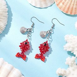 Красный Рыба в форме ракушки 304 серьги-подвески из нержавеющей стали и стеклянных бусин, с подвесками из сплава в тибетском стиле и нейлоновой проволокой из рыболовной нити, античное серебро, красные, 65x15 мм