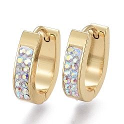 Золотой 304 обруч серьги из нержавеющей стали замке, с полимерной глиной горный хрусталь, кольцо, хрусталь AB, золотые, 16x14x4 мм, штифты : 1 мм