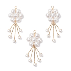 Золотой Подвески из круглой бусины с ракушечным жемчугом и медной проволокой, , белые, золотые, 45.5x18.5~20.5x6 мм, отверстие : 2 мм