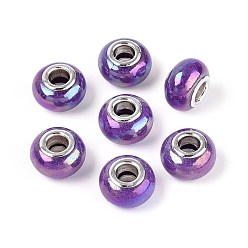 Темная Орхидея Непрозрачная смола европейский бисер, бусины с большим отверстием, имитация фарфора, с латунными двойными ядрами, платиновый оттенок, AB цвет, рондель, темные орхидеи, 14x9 мм, отверстие : 5 мм