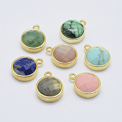 Golden Glaze & Faceted Natural & Synthetic Mixed Stone Charms, with Brass Finding, Flat Round, Golden, 15x12x6mm, Hole: 1mm