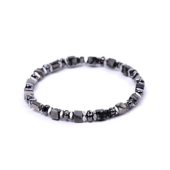 Netstone Natural Netstone Cube Beaded Stretch Bracelets for Women, with Synthetic Non-magnetic Hematite and Stainless Steel Beads, Stainless Steel Color, 7.09 inch(18cm)~7.28 inch(18.5cm)