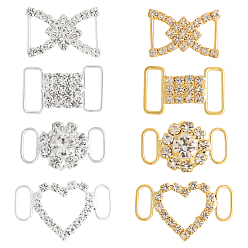 Золотой & Серебряный 16шт. 8 стили латунные хрустальные стразы украшение для обуви, пряжки для туфель своими руками, разнообразные, золотой и серебряный, 16~28x15~32.5x3~6 мм, отверстие : 4~4.5x8~13 мм, 2 шт / стиль