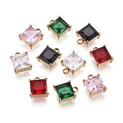 (52) Непрозрачная лаванда 304 подвески из нержавеющей стали и кубического циркония, квадратных амулеты, вакуумное покрытие pvd, реальный 18 k позолоченный, разноцветные, 9x7x4~4.5 мм, отверстие : 1.6~1.8 мм